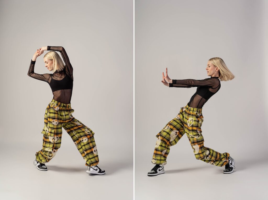 hip-hop dancer doing poses in studio with Susan Grace Photography, hip-hop dance headshot session