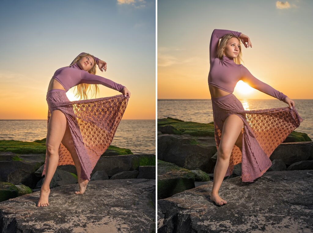 Amazing dancer on the jetty at sunset in Cape May NJ with Susan Grace Photography