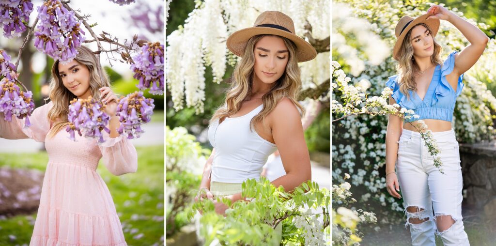 High School Senior Photo Session at Longwood Garden amongst blooming spring flowers and trees with Susan Grace Photography NJ