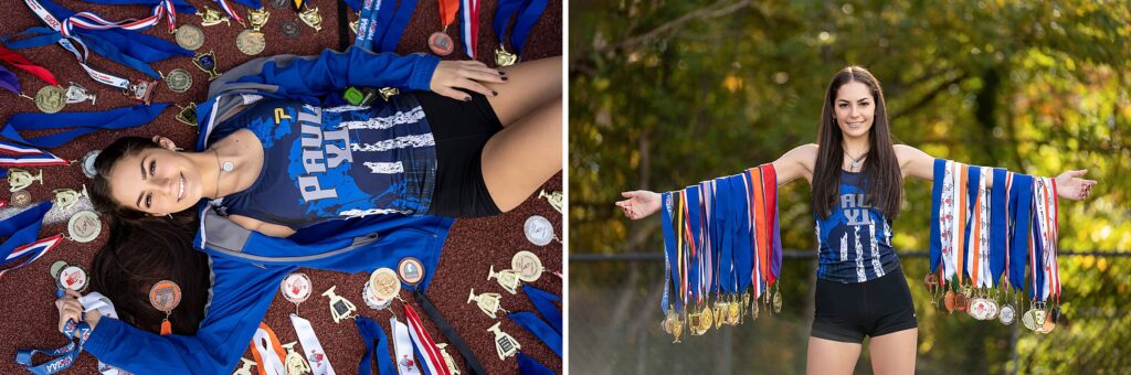 Paul VI Track star photos with her medals, South Jersey senior photos