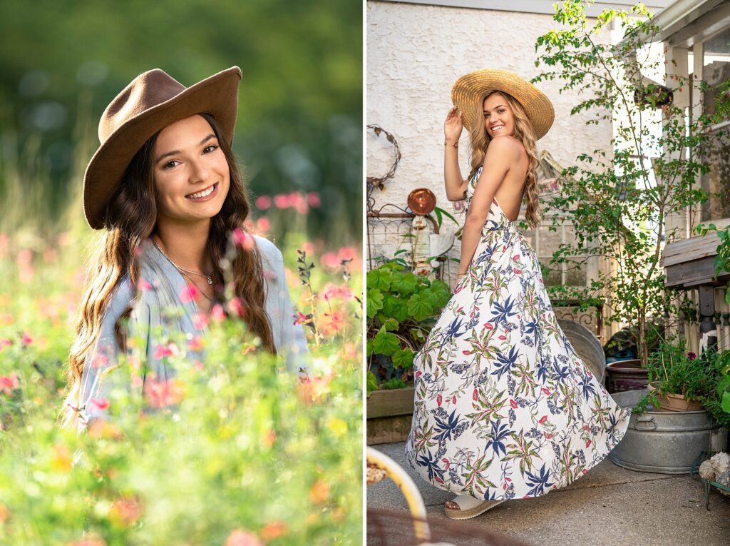 two cute high school seniors smiling wearing hats n their senior photos, photographed by Susan Grace Photography