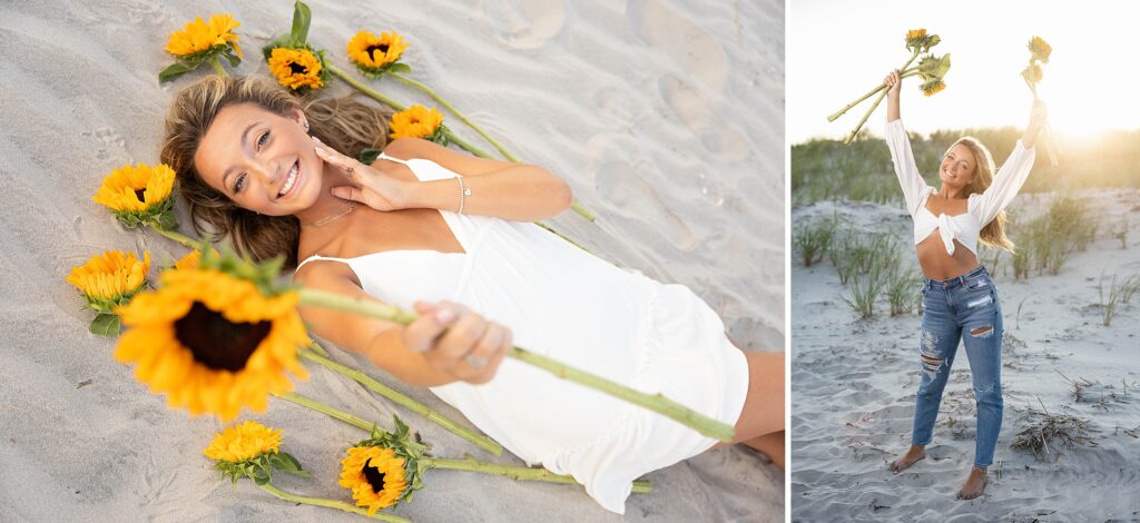 high school senior using flowers as a prop in her senior photos on the beach in Brigantine, NJ photographed by Susan Grace Photography