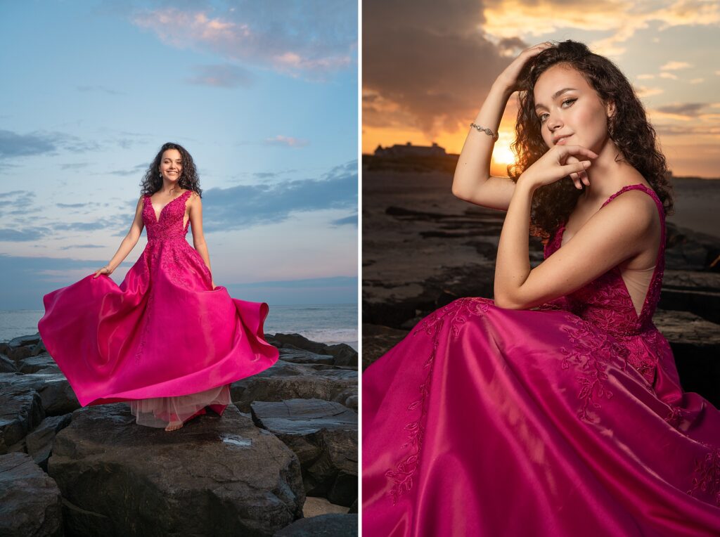 high school senior in fuchsia prom dress on the beach in Ocean City NJ, at sunset incorporating a prom dress adds personality
