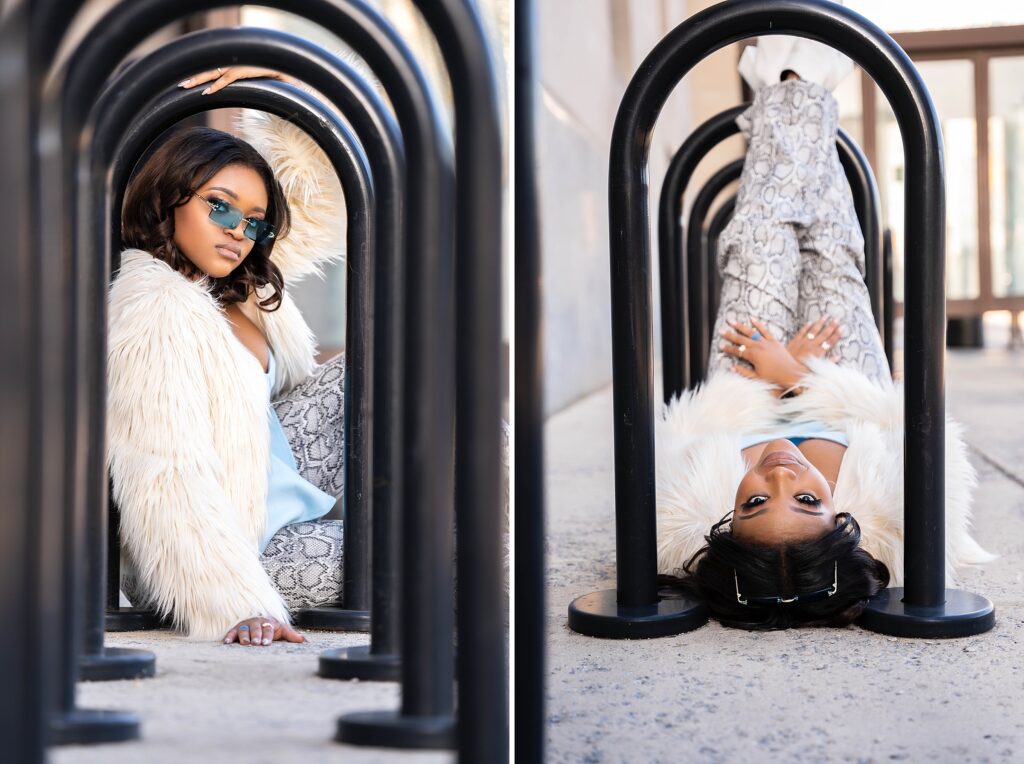 Senior who won the cover of the Senior Style Guide Hot 100 magazine, wearing a faux fur coat and posing in a bike rack.