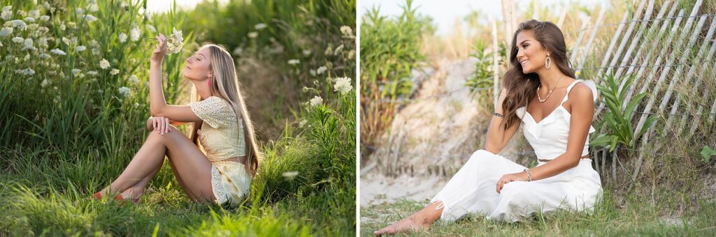 Beautiful high school seniors with flowers and nature near the jersey shoreline.