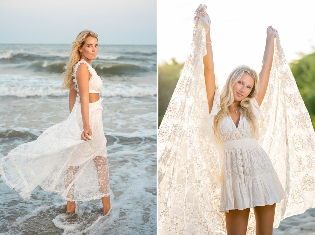 New Jersey high school senior walking on beach and on beach path in a white dress, book your senior session early