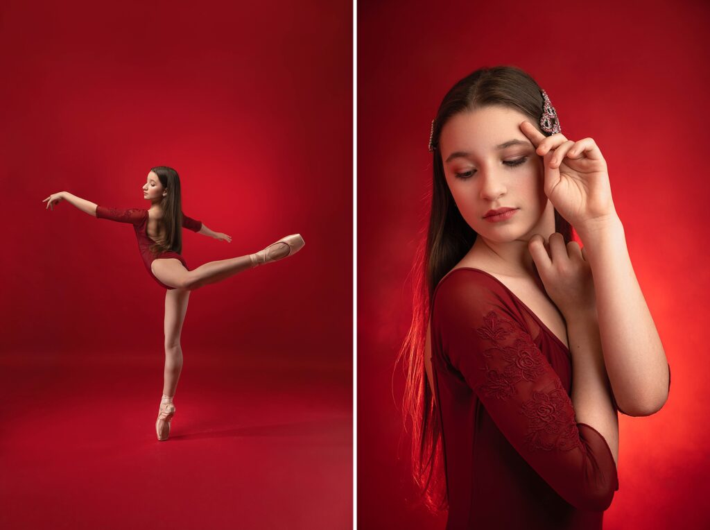 Young dancer in red performing an attitude on pointe