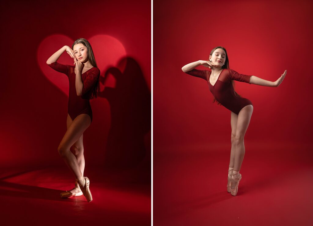adorable pose for a valentines day dancer against a red background, NJ dance photographer Susan Grace