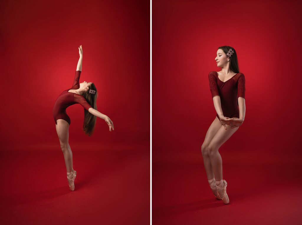 Lily in red, a beautiful young dancer in red on pointe in studio against a red back drop