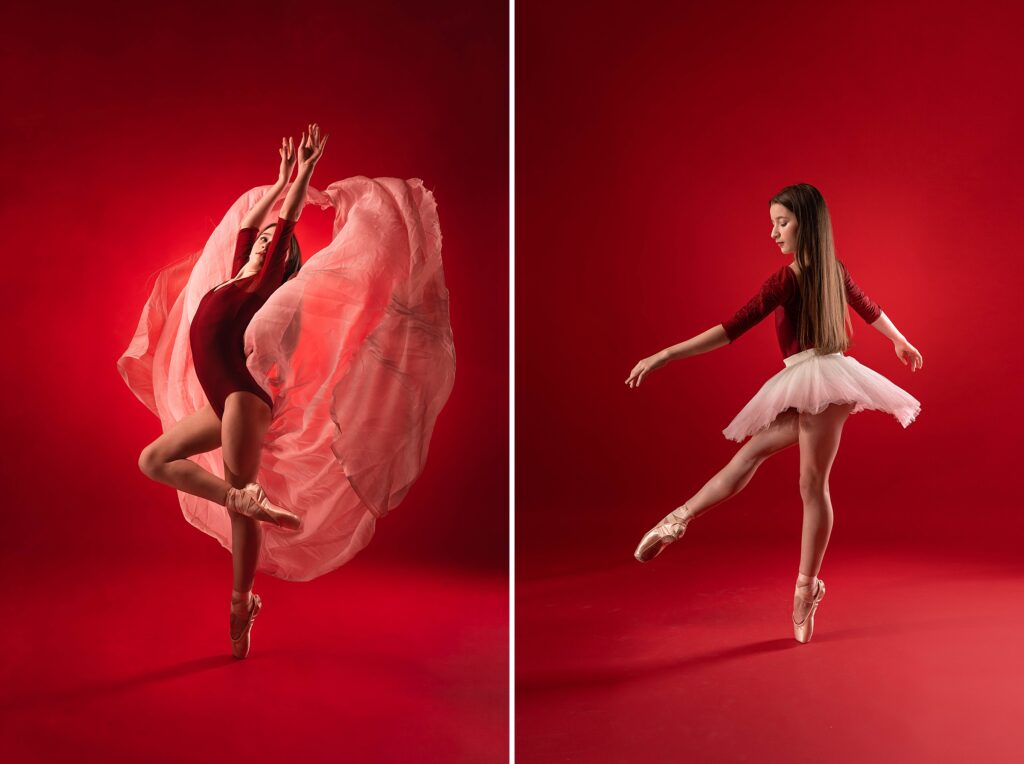 young ballerina in red having success with pink chiffon while dancing
