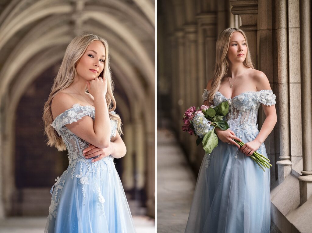 Beautiful blonde senior in a light blue princes like gown.Susan Grace Photography