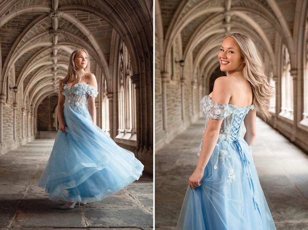 High school senior wearing a beautiful fairytale gown in a castle like setting