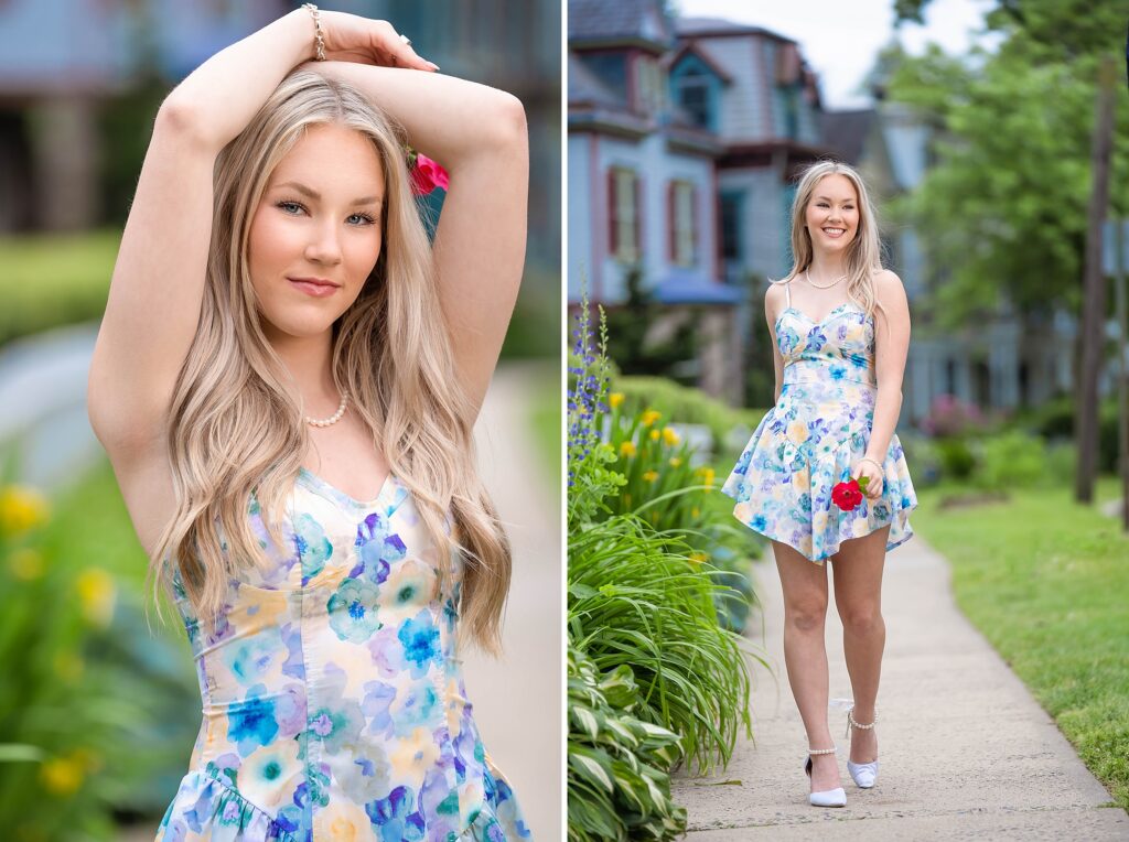 senior walking on a flower lined street wearing an adorable floral corset dress 