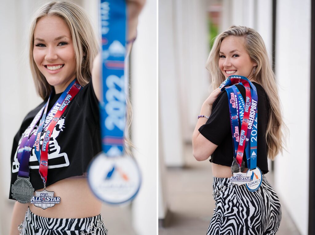 adorable cheerleader from One Lady Bang showing her award winning medals in Princeton, NJ