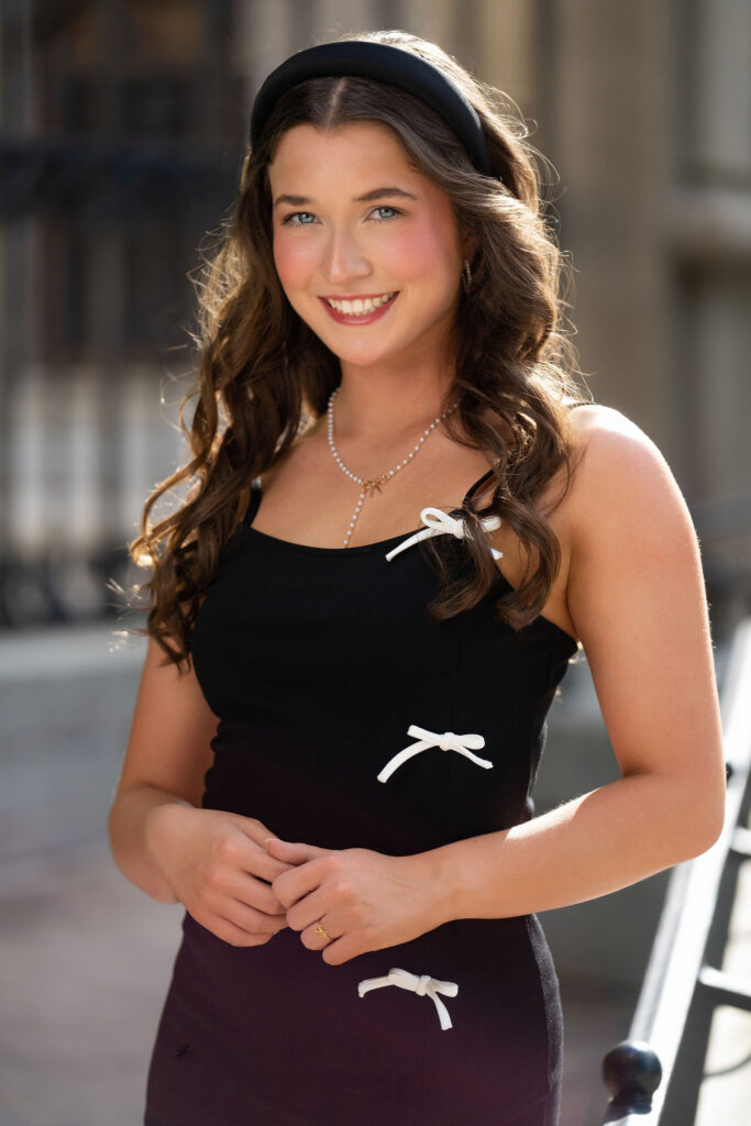 Senior wearing black and white dress, chic senior photos by New Jersey Photographer Susan Grace 