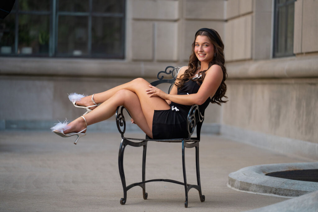 Senior wearing black and white dress, chic senior photos by New Jersey Photographer Susan Grace 