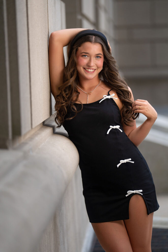 Senior wearing black and white dress, chic senior photos by New Jersey Photographer Susan Grace 